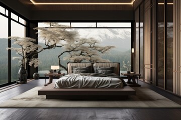 a Zen living style bedroom with a modern Japandi interior design.