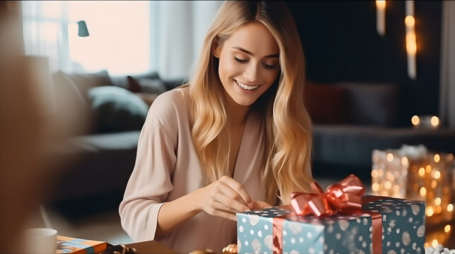 Excited young woman opening gift box presents at Christmas. Emotional beautiful young woman opens gift box present at home