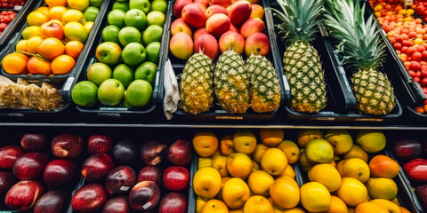 A colorful variety of fresh fruits on display in a vibrant store. A variety of fruits are on display in a store