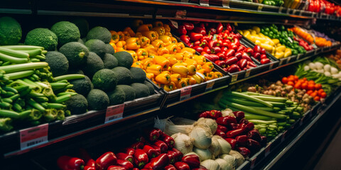 A vibrant display of fresh fruits and vegetables in a bustling grocery store