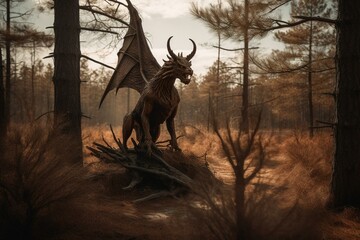 A creature with an animal head, horns, bat wings stands in the pine barrens. It's the legendary Jersey Devil. Generative AI
