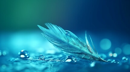 Naklejka na ściany i meble Transparent turquoise drop of pure water on feather Generative Ai
