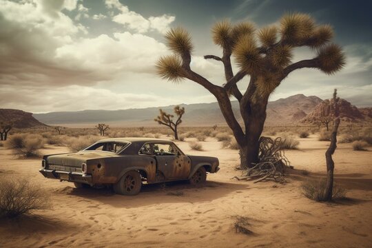 Mad Max inspired desert scene with car and tree. Generative AI