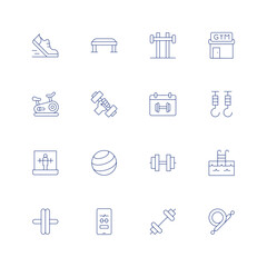 Fitness line icon set on transparent background with editable stroke. Containing running, bench, barbell, gym, stationery bicycle, dumbbell, calendar, hooks, virtual reality fitness, fitball, dumbell.