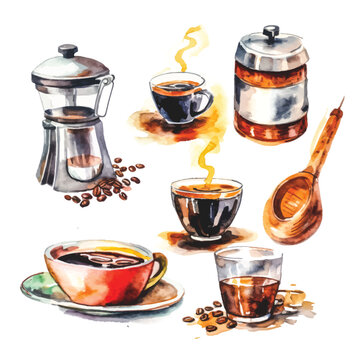 Sip & Paint: Watercolor Clipart Bundle of Cafe Coffee, White