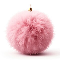 A pink fluffy ball ornament on a white surface. Digital image.