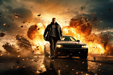 Action shot with man running away from explosion on car. Dynamic scene with fire in action movie blockbuster style. - obrazy, fototapety, plakaty
