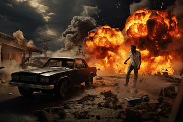 Action shot with man on the run. Dynamic scene in action movie blockbuster style. © swillklitch