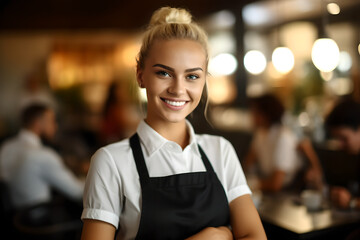 Portrait of happy waitress wearing apron smiling to the camera, woman wearing apron smiling welcoming guests having prosperous catering business concept