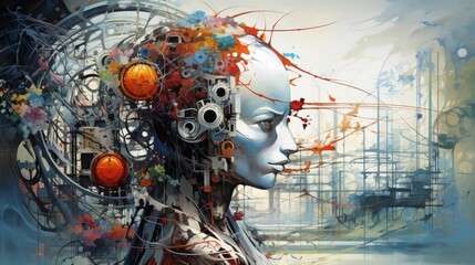 Cybernetic Serenity: Abstract artwork featuring serene scenes with cybernetic elements, conveying the idea of finding peace amidst technological advancements | generative AI