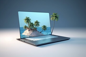 Find last-minute trips online. Laptop displays island with palms in the sea. 3D rendering. Generative AI