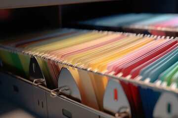 Closeup view of multicolor card index folder register containing legal documents. Selective focus. 3D render. Generative AI