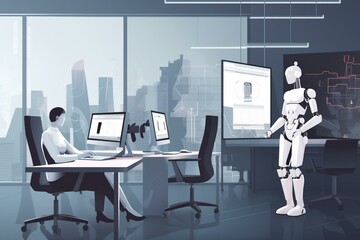 Robotic technology in the workplace, future of business, automated office management. Generative AI