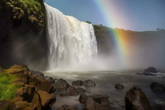 Waterfall painting with rainbow. Generative AI