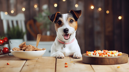 Cute little puppy dog happy birthday party meal sitting in the living room with a bowl of dry healthy tasty food cozy interior. 