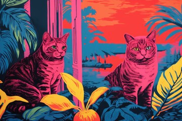 A couple of cats sitting next to each other. Digital image. Colorful vibrant pop style image.
