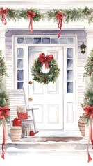 A watercolor painting of a front door decorated for christmas. Digital image.
