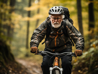 old man riding a bike in a city