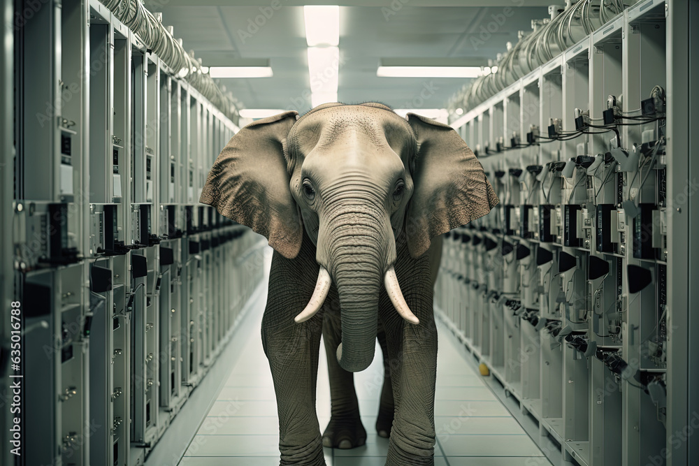 Poster elephant in the server room. concept of the big data and digital fragility.