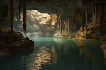 3D-rendered underground cavern with river, lake, and grotto. Generative AI