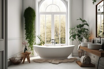 Stylish, cozy bathroom with window, white bathtub, and plants. Generative AI