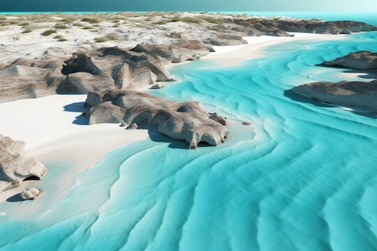 An aerial view of a sandy beach in Exuma, Bahamas depicted in a 3D illustration. Generative AI