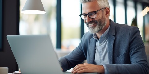 Happy middle aged man, entrepreneur, small business owner, working online.