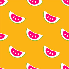 Pink sliced watermelon isolated on yellow background is in Seamless pattern - vector illustration