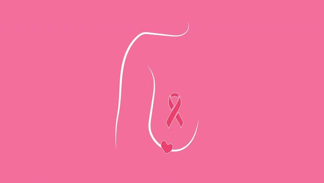 Line art breast.Video flat cartoon animation design element. 4K video footage Pink ribbon month of breast cancer, international breast cancer day worldwide.	