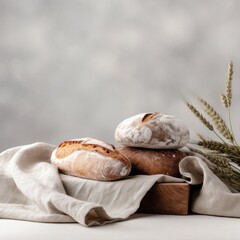 Obraz premium Fresh crusty bread on a light white background. Generative AI.