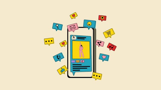 Animation Phone with Social media post, blogging. Influencer blogger girl character. Video flat cartoon animation design element. 4K video footage, alpha channel transparency for web design