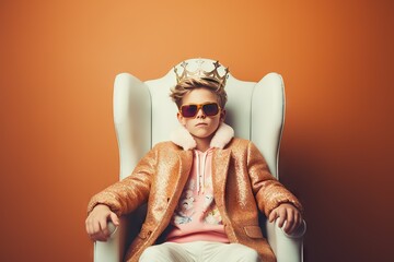the concept of people, childhood and royalty, education and pedagogy - a boy in modern clothes and a crown sits on a throne