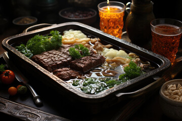 Meat in a tray submerged under broth