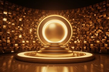 Luxurious futuristic stage with golden 3D wall and wallpaper. Generative AI