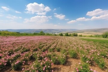 Fototapeta na wymiar A beautiful panorama with blooming rose fields in spring. Generative AI