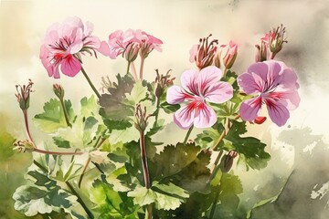 Watercolor painting of blooming summer geranium. Generative AI