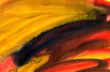 Hand-drawn autumn watercolor background. Bright multicolored modern autumn landscape. Yellow Orange Blue. Abstract painting for decoration and design
