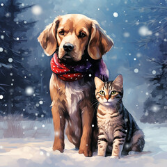 dog in winter clothes and cat