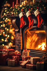 Christmas stockings beside a fireplace in front of gifts, happy time in the house christmas.