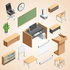 isometric icons set different classroom interior elements like furnitures equipments