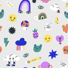 Seamless childish pattern with pins, sticker elements, emoji,rainbow, cloud. Vector kids modern texture