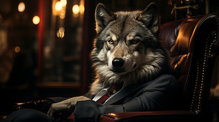 Boss wolf in business suit on dark background, concept of stock trading and company management - obrazy, fototapety, plakaty