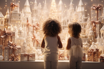 Children turned back standing in a illuminated monocolored  white christmas decorated room with Christmas tree and gifts, presents boxes, Ai generative.