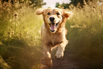 Enthusiastic and happy golden retriever running in field