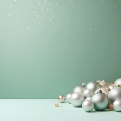 Christmas banner for text with ornaments and snowflakes pastel green background