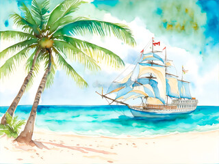 Fototapeta na wymiar Beautiful beach with coconut palms, the ship sails on the sea, watercolor