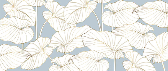 Fototapeta na wymiar Botanical luxury background with golden tropical leaves. Background for decor, wallpapers, covers, postcards and presentations, social media posts.