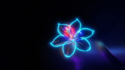 3d flower on black abstract blue glow
