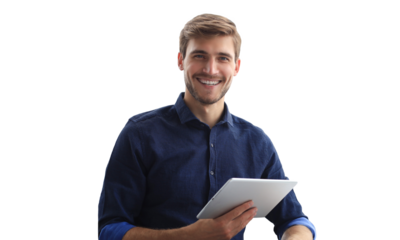 Attractive smiling man working on a tablet on a transparent background