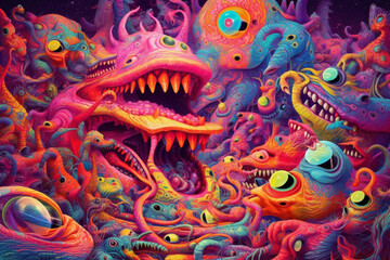 An abstract made out of colorful alien monsters. Multiple monsters jammed together. Trippy image, dream-like, a colorful nightmare. Generated by AI